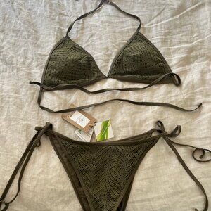 BERLOOK: Army Green Crochet Bikini Set, Halter Triangle Top & Tie Bottom